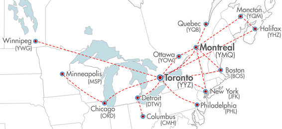 Moncton, Halifax, Quebec, Montreal, Ottawa, Toronto, Boston, New York, Detroit, Minneapolis